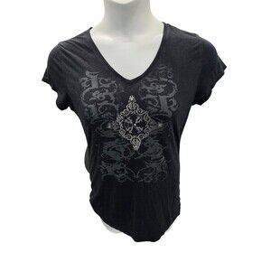Earth Yoga Organic Cotton Yoga Shirt Black Gray Metallic Studded Large Top VNeck
